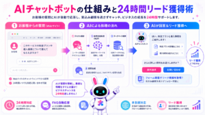 aiチャットボットとは何か、基本的な仕組みから24時間働くAIアバターによるリード獲得までを示す図