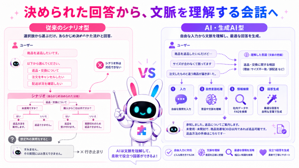 aiチャットボットとは何かを、従来のシナリオ型と自然言語処理を使う生成AI型で比較した図