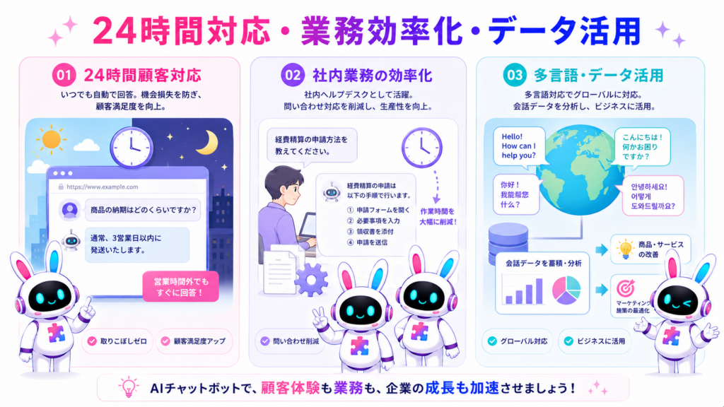aiチャットボットとは何かを踏まえ、24時間対応や社内業務効率化、多言語・データ分析の活用例を示す図