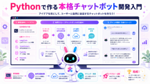 チャットボット作り方pythonの環境構築からコード実装、AIとの対話画面までを示した開発イメージ