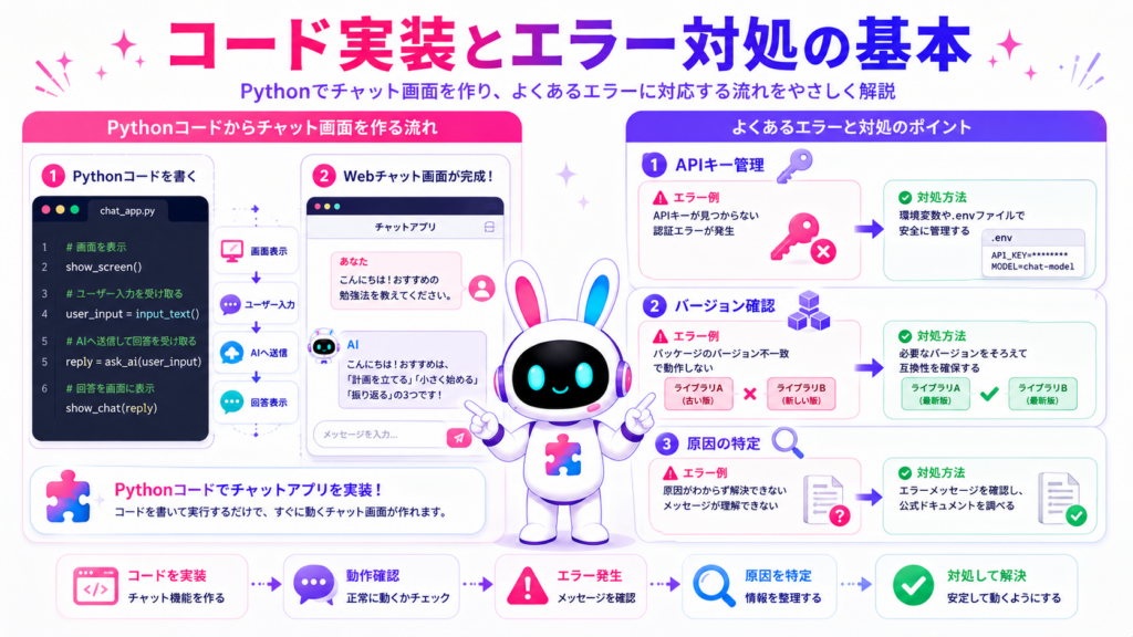 チャットボット作り方pythonのコード実装とAPIキー、ライブラリのエラー対処を示した図
