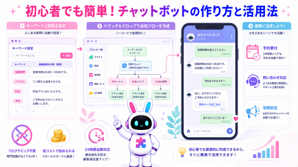 初心者向けのlineチャットボット 作り方と、問い合わせ対応や予約受付への活用方法を示すイメージ
