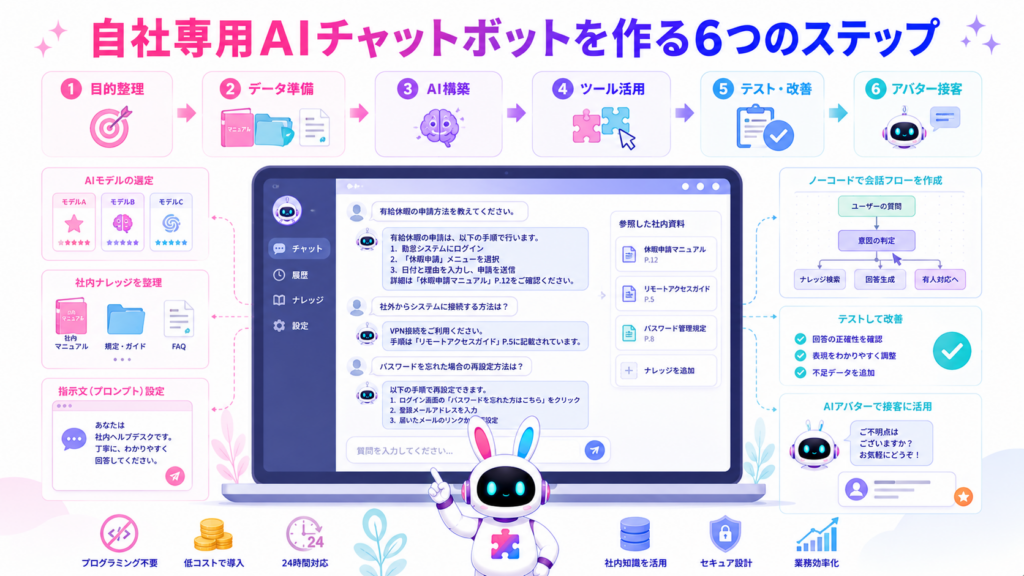 自社専用のaiチャットボット作り方を、目的整理からPITALIyのAIアバター接客まで6つのステップで示した図