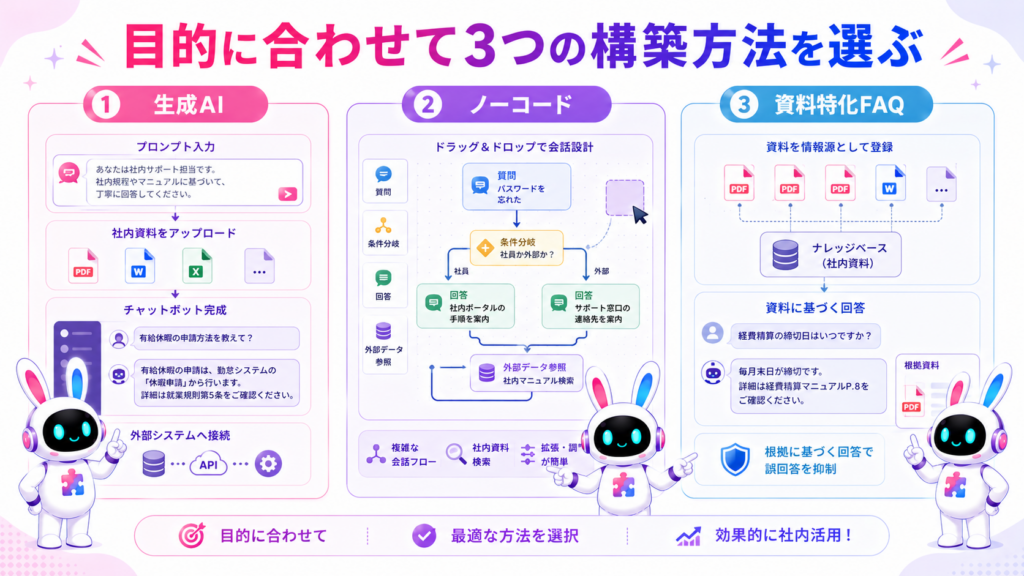 aiチャットボット作り方を、生成AI、ノーコード開発、社内資料に特化したFAQボットの3方式で比較した図