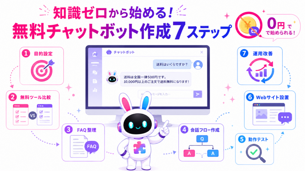 チャットボット 作り方 無料の手順を、目的設定からWebサイトへの設置と改善まで7ステップで示した図