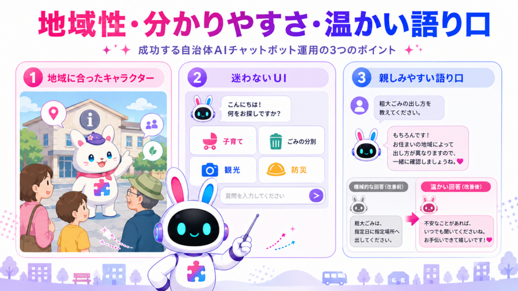 ai チャットボット自治体の運用で、地域に合うキャラクター、分かりやすいUI、親しみやすい語り口を活用する図