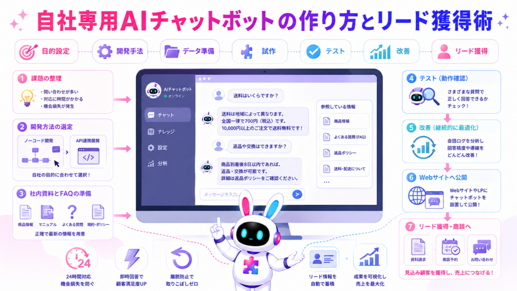 自社専用のaiチャットボット 作り方を、課題設定から開発、テスト、リード獲得まで示した図