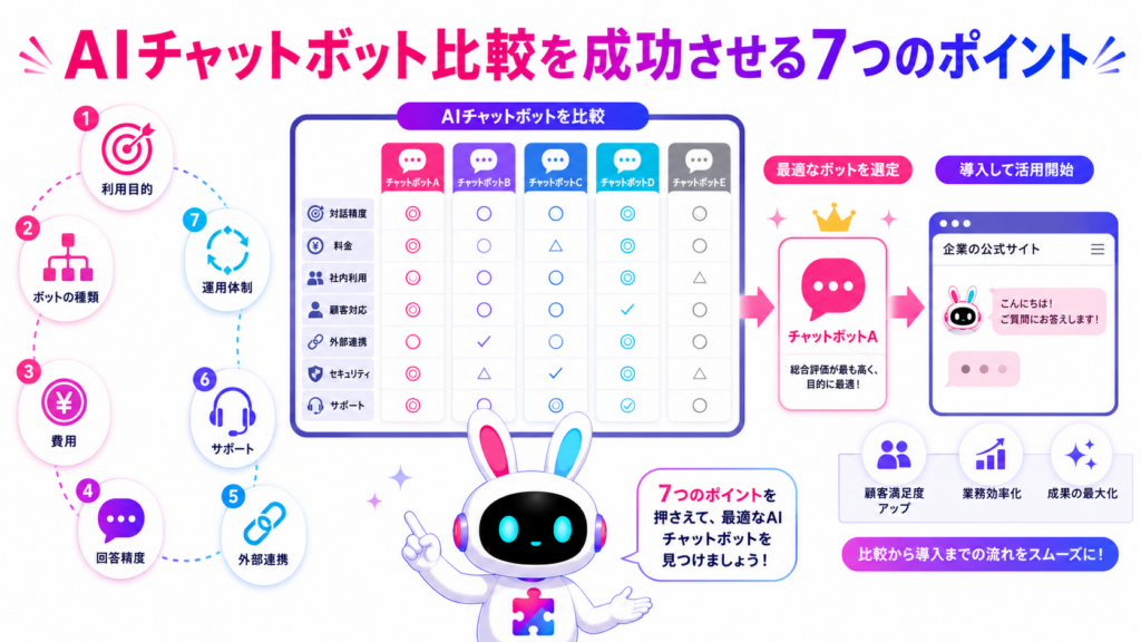 aiチャットボット 比較では、機能の多さだけでなく、利用目的や運用体制との相性を確認する必要があります。料金、回答精度、外部連携、サポートなどを総合的に評価することが重要