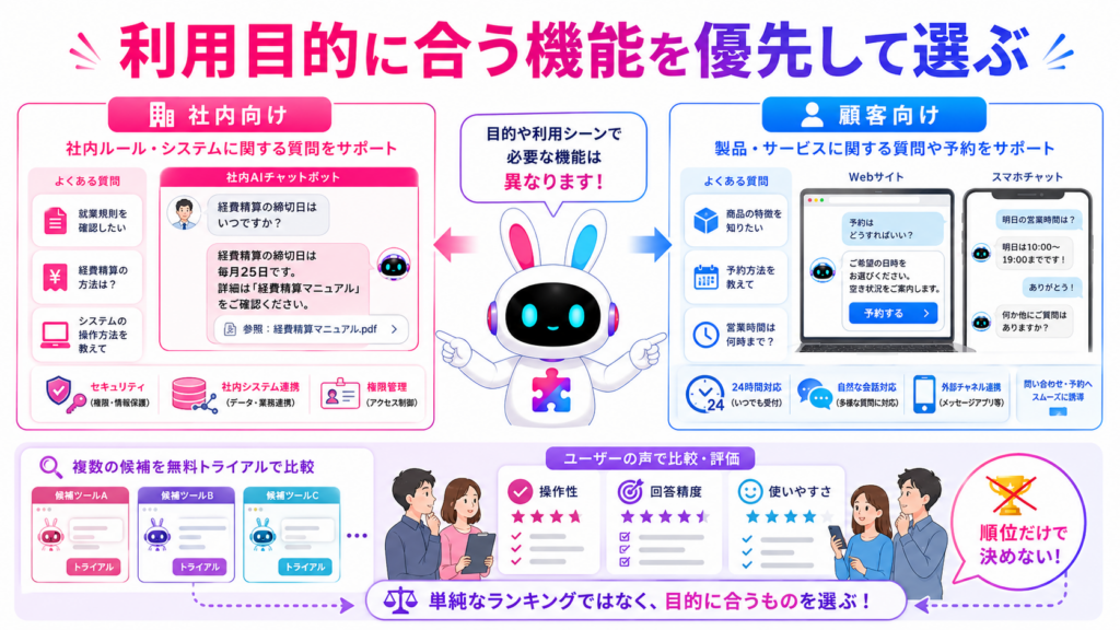 aiチャットボット 比較を社内向けと顧客向けに分け、必要な機能や無料トライアルでの確認項目を示す図