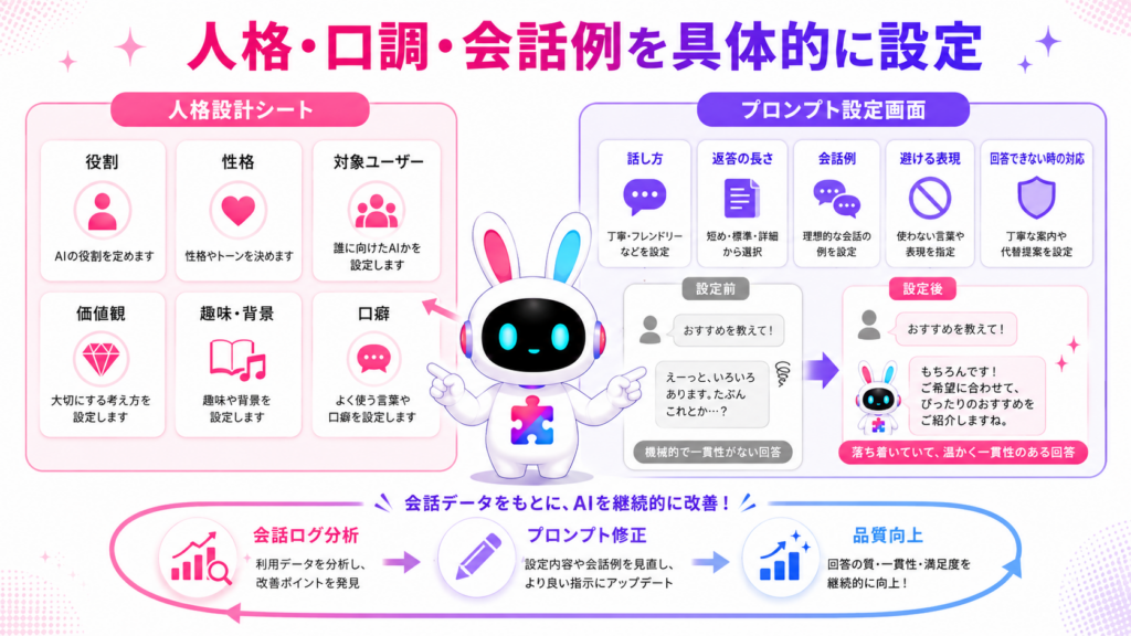 AIチャットボット キャラクター 作り方で、人格、口調、会話例、NG表現をプロンプトへ設定する方法