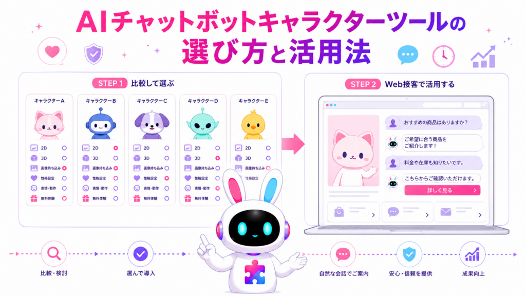 AIチャットボット キャラクター ツールの機能を比較し、自社に合うアバターをWeb接客へ活用するイメージ