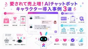 AIチャットボット キャラクター 導入事例をEC、金融、自治体の3分野で紹介するイメージ