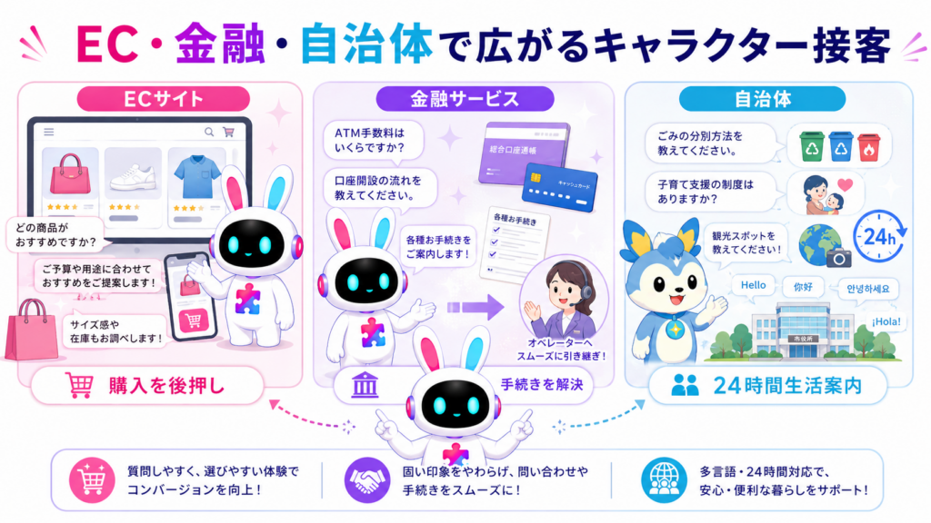 AIチャットボット キャラクター 導入事例をECサイト、金融業界、自治体の3分野で比較した図