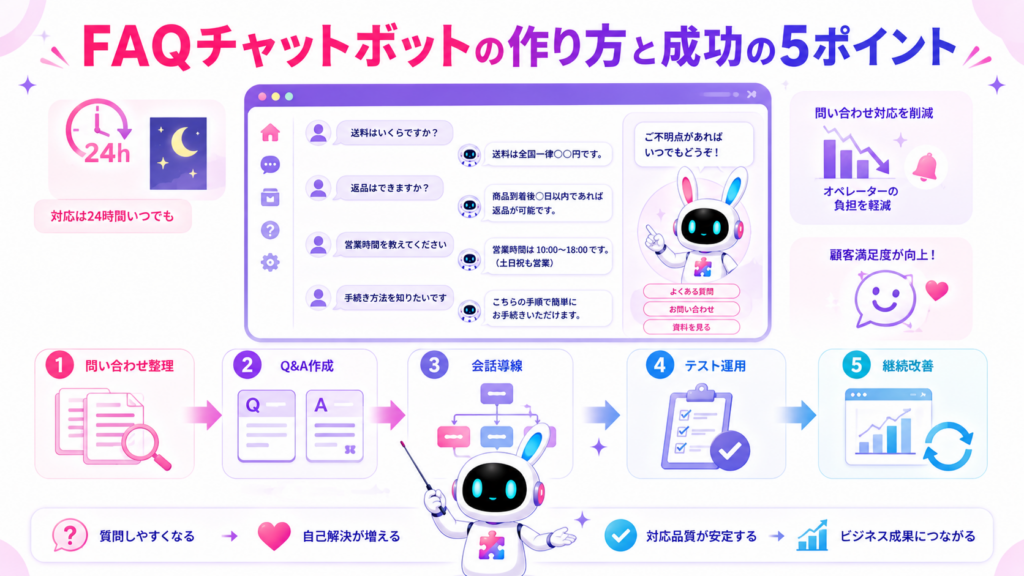FAQチャットボットの作り方を、問い合わせ整理からテスト運用と継続改善まで5つのポイントで示した図
