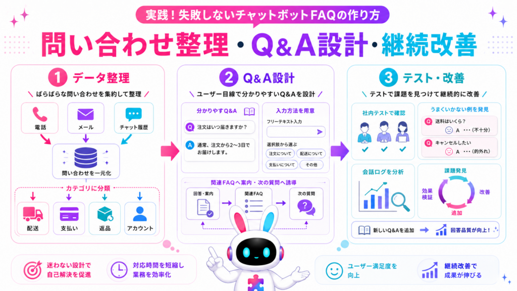 FAQチャットボットの作り方を、問い合わせデータの整理、Q&A設計、テストと継続改善で示した図