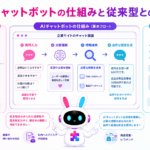 aiチャットボットとは何かを、質問の解析から回答生成までの仕組みと従来型との違いで示した図