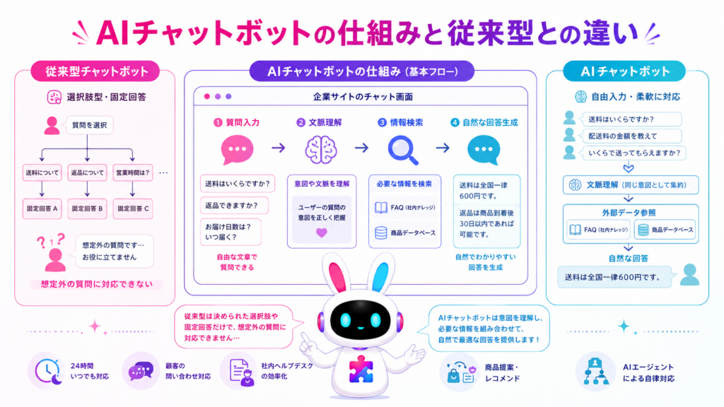 aiチャットボットとはどのような仕組みかを、質問入力、意図理解、情報検索、回答生成の流れで示した図
