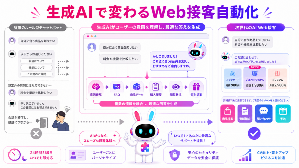 web接客 生成AI ChatGPTを活用し、顧客の意図理解から商品提案や資料請求まで自動化する仕組み