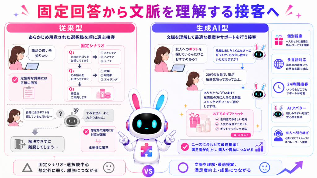 web接客 生成AI ChatGPTと従来型チャットボットの違いを、固定回答と文脈理解による個別提案で比較した図