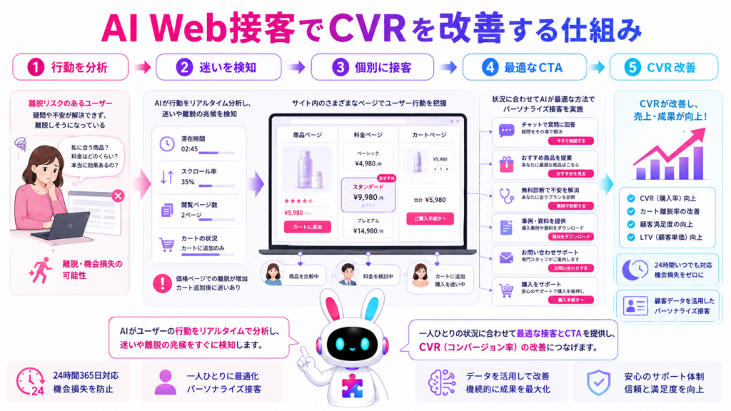 web接客 ai CVR改善の仕組みを、ユーザー行動の分析、個別接客、最適なCTAの提示で示した図