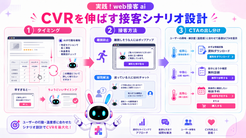 web接客 ai CVR改善に向けて、声かけのタイミング、接客方法、CTAをユーザーの温度感で出し分ける図