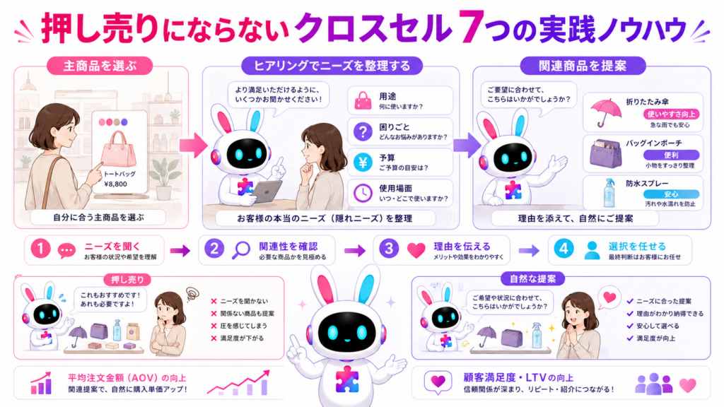 押し売りにならないクロスセル 手法を、顧客ニーズの把握から関連商品の自然な提案まで示した図