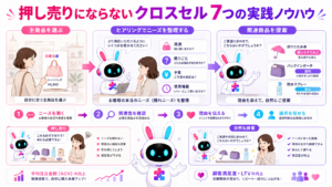 押し売りにならないクロスセル 手法を、顧客ニーズの把握から関連商品の自然な提案まで示した図