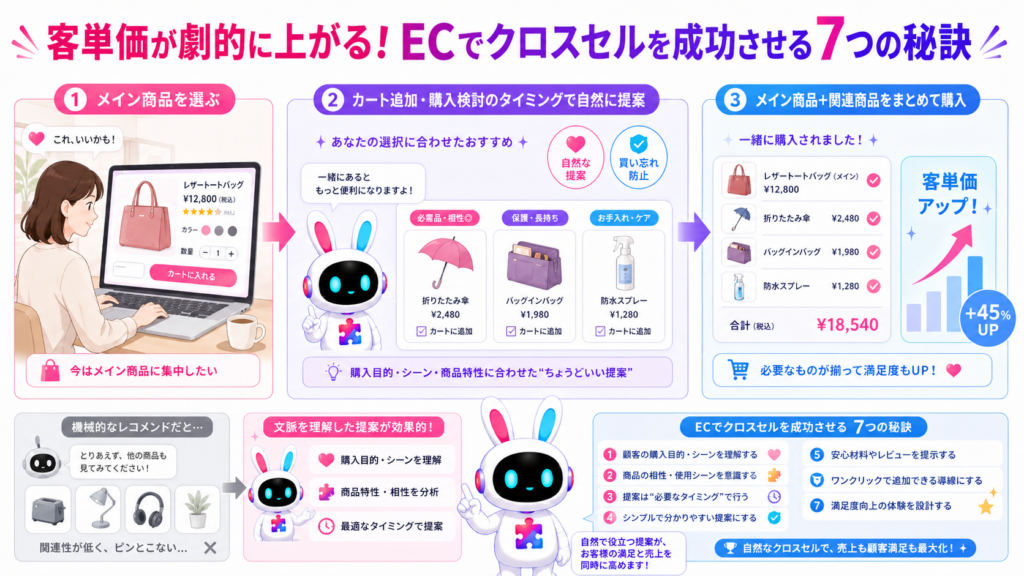 ECサイトで自然なクロスセルを行い、関連商品の提案で客単価を高める流れを示したアイキャッチ画像