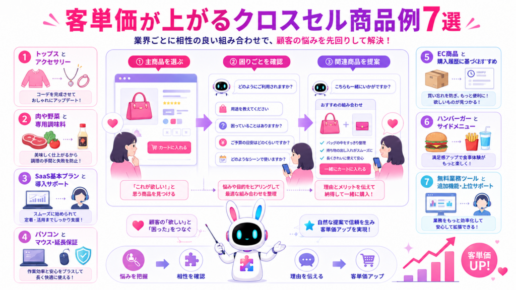 アパレル、食品、SaaS、家電など、業界別のクロスセル 商品例7選と客単価向上の仕組みを示した図