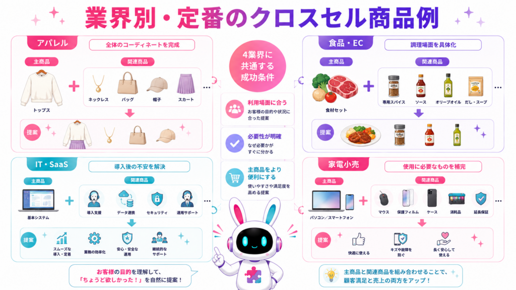 アパレル、食品、IT・SaaS、家電小売における定番のクロスセル 商品例を比較した図