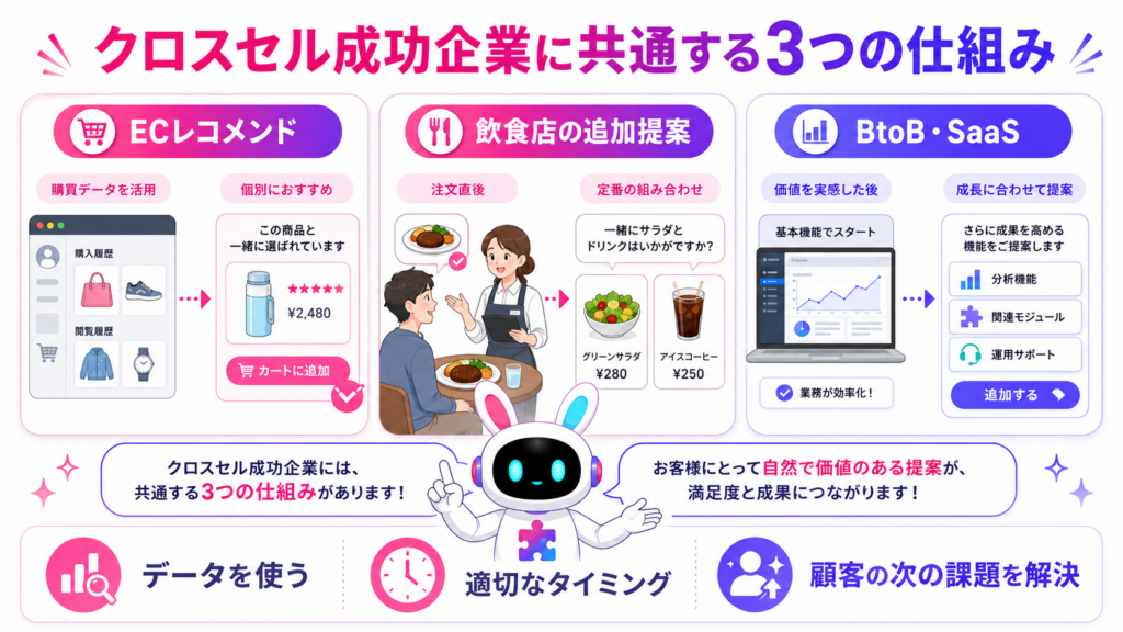 企業のクロスセル 商品例を、ECレコメンド、飲食店の追加提案、SaaSの段階的な機能提案で示した図