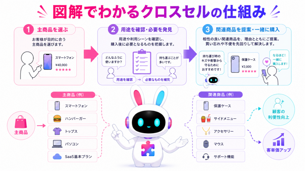 クロスセルとは何かを、主商品と関連商品の提案から客単価向上までの流れで示した図