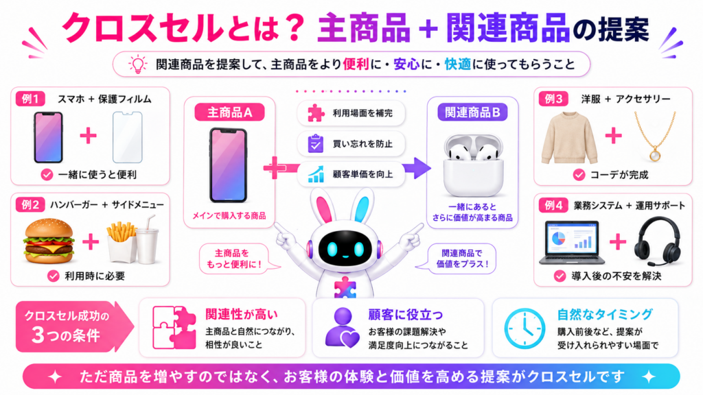 クロスセルとは主商品に関連商品を組み合わせて提案する手法であることを、具体的な商品例で示した図