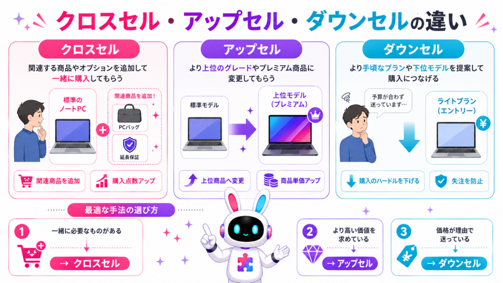 クロスセルとは何かを、アップセルとダウンセルとの目的や提案内容の違いで比較した図