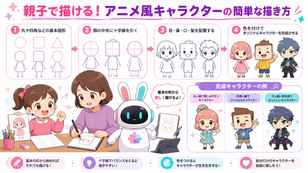 親子が丸や十字線を使い、アニメキャラクターイラスト簡単な描き方を実践している図