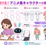 親子が丸や十字線を使い、アニメキャラクターイラスト簡単な描き方を実践している図