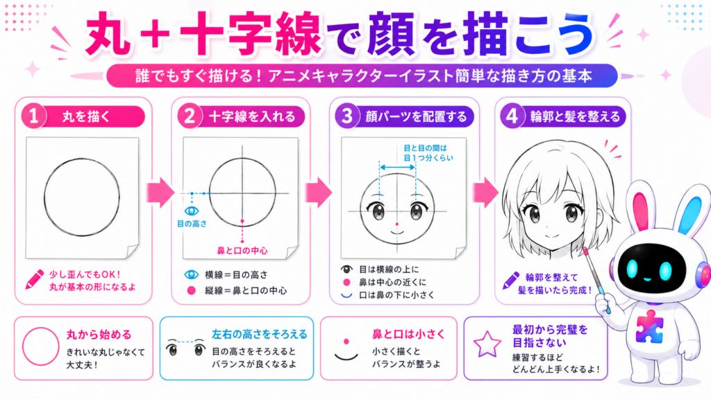 丸と十字線を使い、目や口を配置するアニメキャラクターイラスト簡単な描き方の手順図