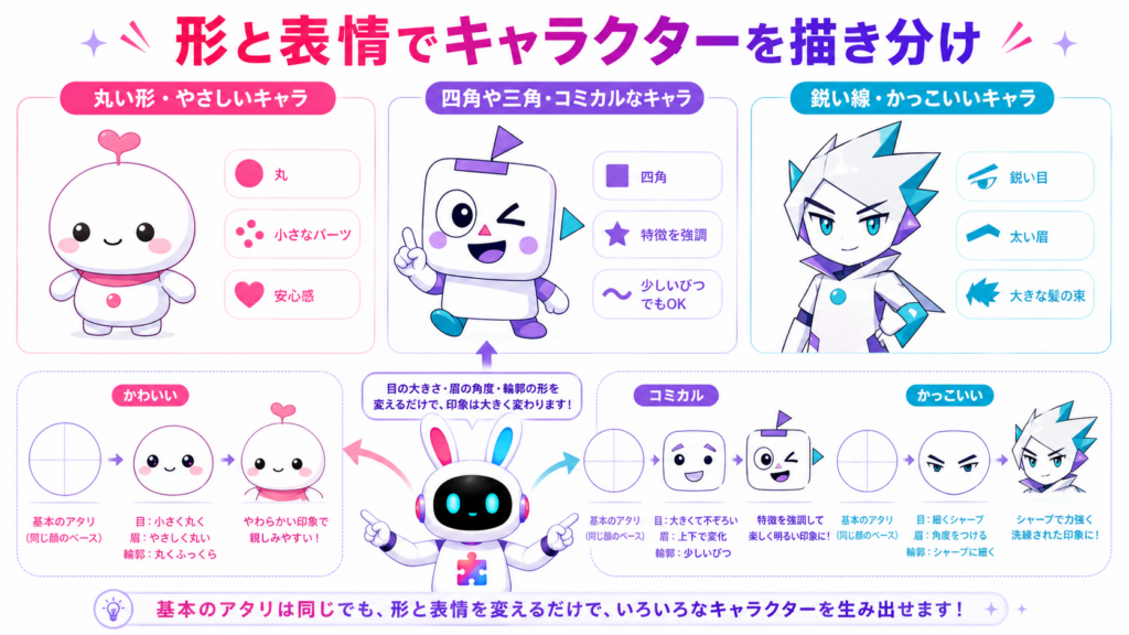 丸と十字線を使い、目や口を配置するアニメキャラクターイラスト簡単な描き方の手順図