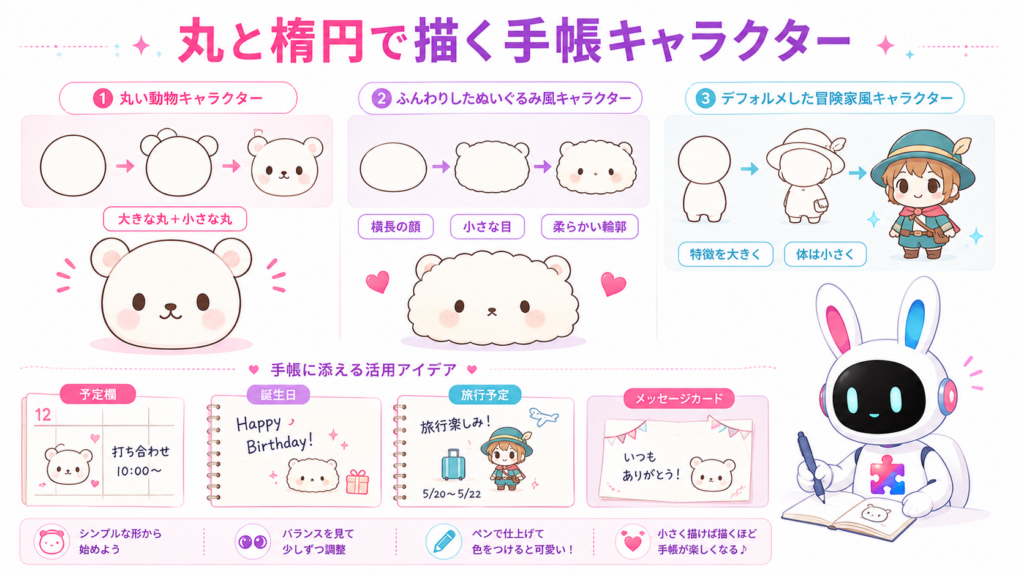 丸や楕円を組み合わせたディズニーキャラクターイラスト簡単な描き方と手帳での使用例