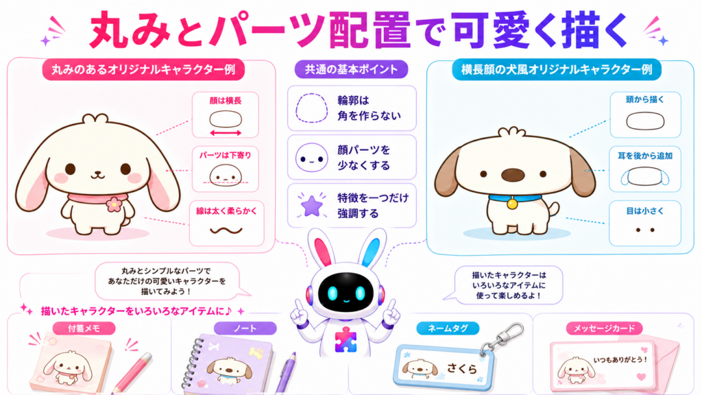 丸みのある輪郭と小さな顔パーツで、ディズニーキャラクターイラスト簡単な描き方を応用する図