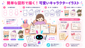 丸や楕円を使ったディズニーキャラクターイラスト簡単な描き方と手帳への活用を示す図