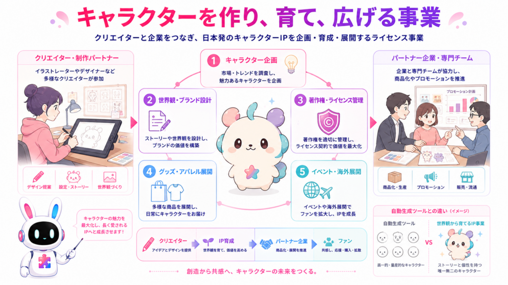 キャラクターの企画からライセンス管理、商品化、イベント展開までを行うIP事業モデル