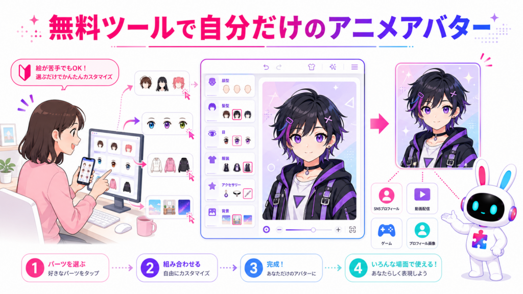 無料のキャラクターメーカーで髪型や服装を選び、オリジナルのアニメアバターを作る様子