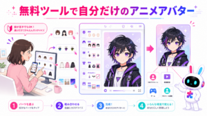 無料のキャラクターメーカーで髪型や服装を選び、オリジナルのアニメアバターを作る様子