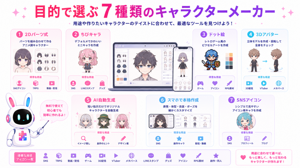 2D、ちびキャラ、ドット絵、3D、AI生成など7種類のキャラクターメーカーの比較