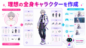 顔や髪型、体格、服装、ポーズを選び、オリジナルの全身キャラクターを作る画面