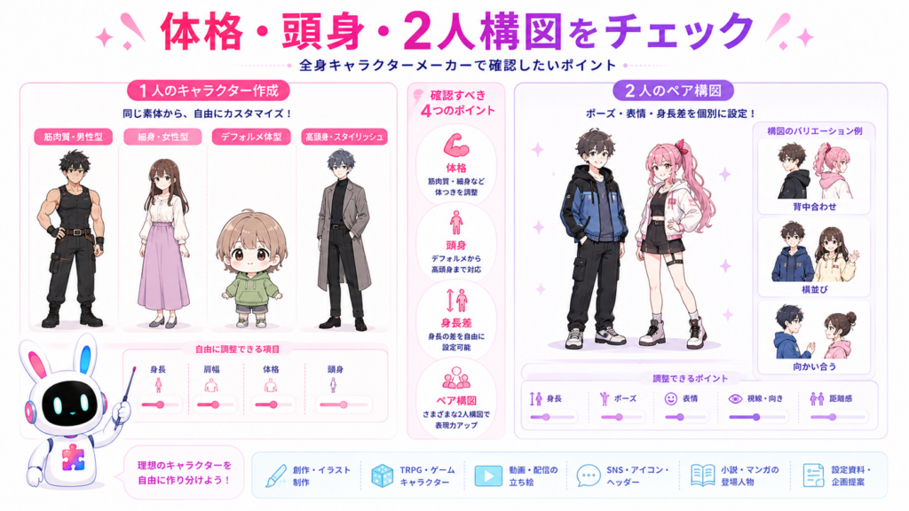 男女の体格や頭身、身長差、2人のペア構図を調整できる全身キャラクターメーカーの比較