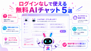 aiチャットサイトをログインなしで利用し、すぐに質問できる無料サービスを案内する白いうさぎ型AIロボット