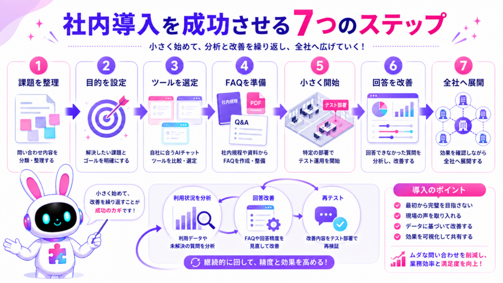 AIチャットボットの社内導入を課題整理からテスト運用、全社展開まで7段階で示した図