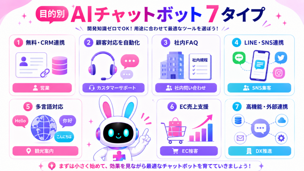 AIチャットボット ツール 比較として、顧客対応や社内FAQ、SNS、ECなど用途別の7タイプをまとめた図